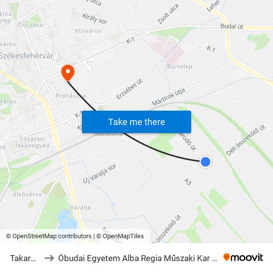 Takarodó Út to Óbudai Egyetem Alba Regia Műszaki Kar Geoinformatikai Intézet map