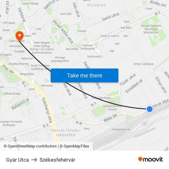 Gyár Utca to Székesfehérvár map