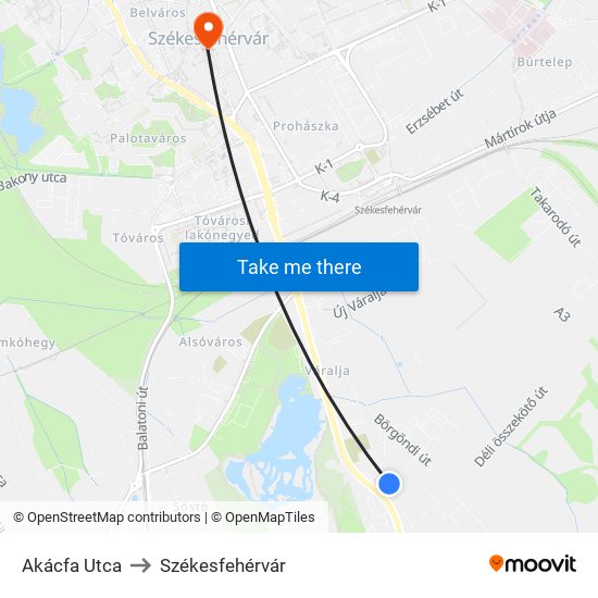 Akácfa Utca to Székesfehérvár map