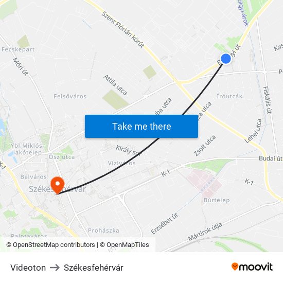 Videoton to Székesfehérvár map