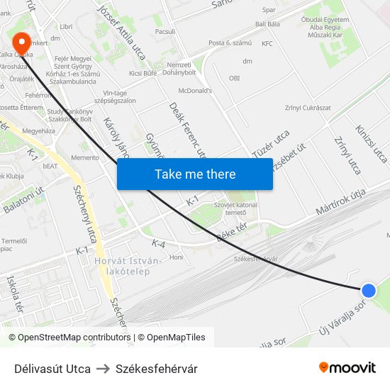 Délivasút Utca to Székesfehérvár map