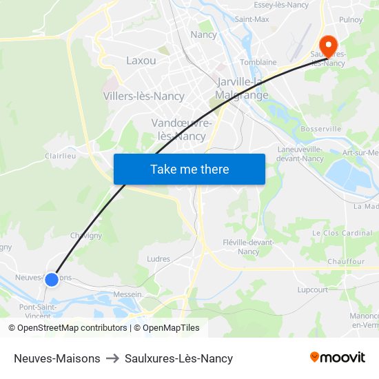 Neuves-Maisons to Saulxures-Lès-Nancy map