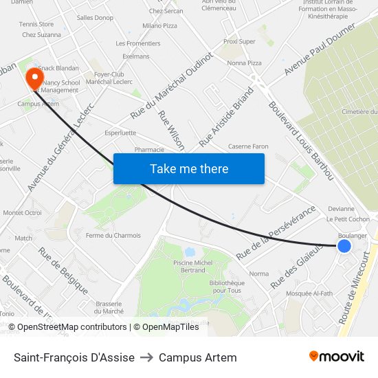 Saint-François D'Assise to Campus Artem map