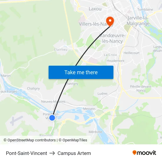 Pont-Saint-Vincent to Campus Artem map