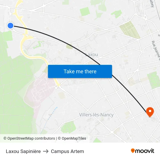 Laxou Sapinière to Campus Artem map
