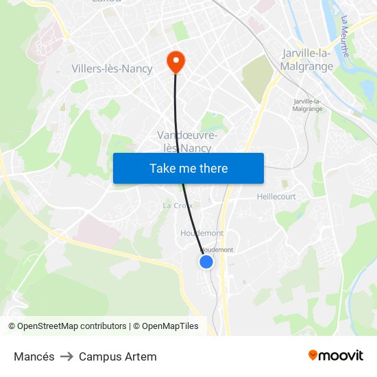 Mancés to Campus Artem map