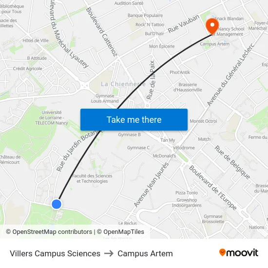Villers Campus Sciences to Campus Artem map