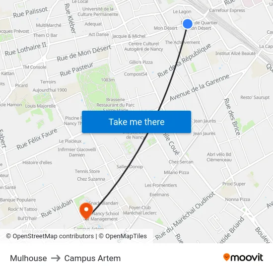 Mulhouse to Campus Artem map