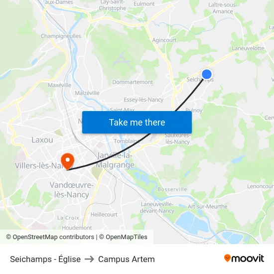 Seichamps - Église to Campus Artem map