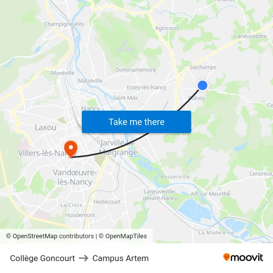 Collège Goncourt to Campus Artem map