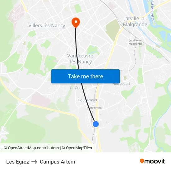 Les Egrez to Campus Artem map
