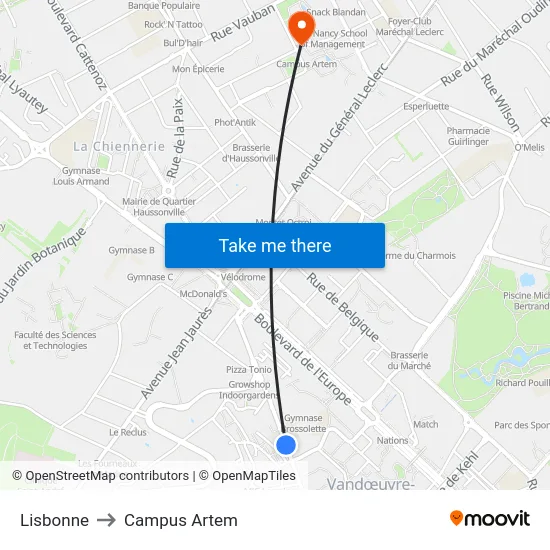 Lisbonne to Campus Artem map