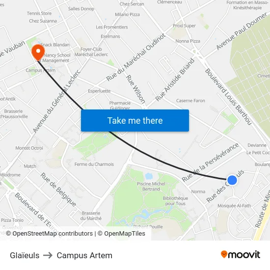 Glaïeuls to Campus Artem map