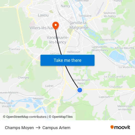 Champs Moyen to Campus Artem map