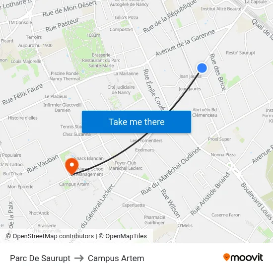 Parc De Saurupt to Campus Artem map