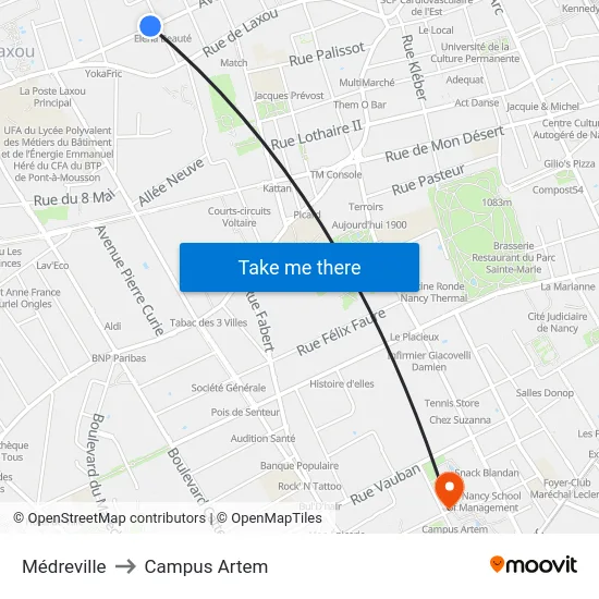 Médreville to Campus Artem map