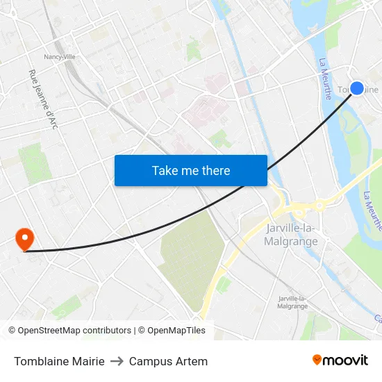 Tomblaine Mairie to Campus Artem map