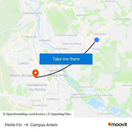 Petite Fin to Campus Artem map