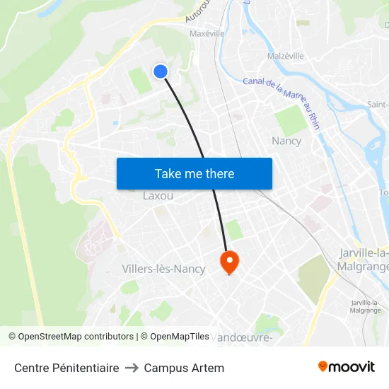 Centre Pénitentiaire to Campus Artem map