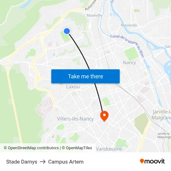 Stade Darnys to Campus Artem map