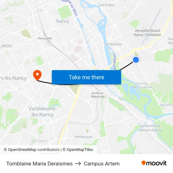 Tomblaine Maria Deraismes to Campus Artem map