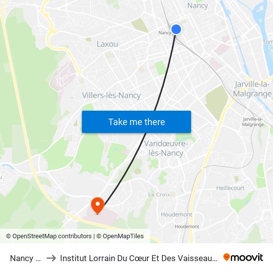 Nancy Gare to Institut Lorrain Du Cœur Et Des Vaisseaux Louis Mathieu map