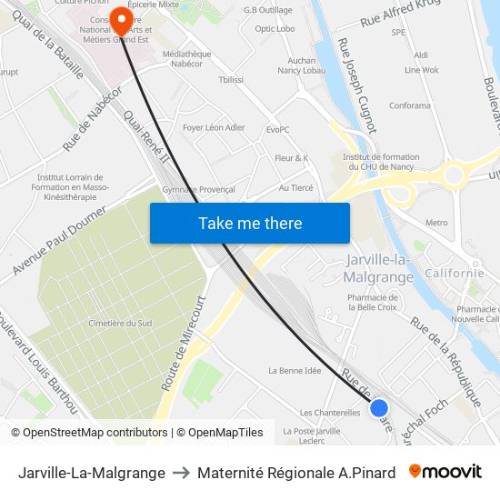 Jarville-La-Malgrange to Maternité Régionale A.Pinard map