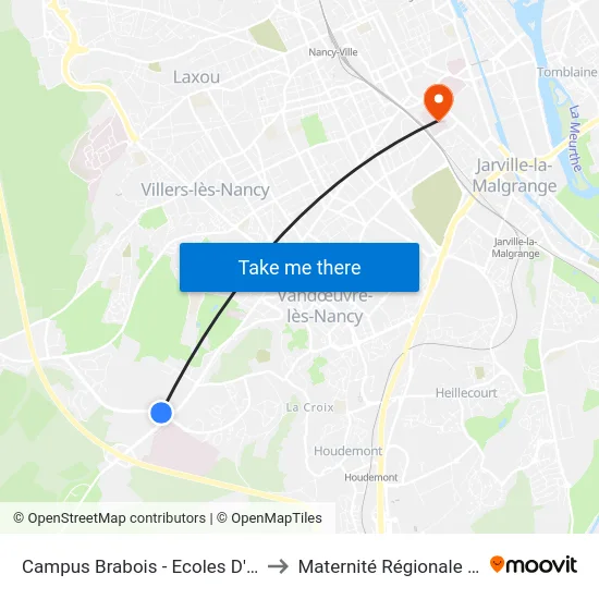 Campus Brabois - Ecoles D'Ingénieurs to Maternité Régionale A.Pinard map
