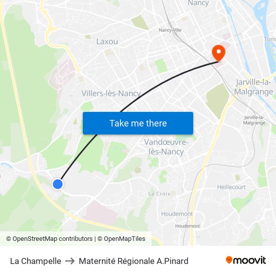 La Champelle to Maternité Régionale A.Pinard map