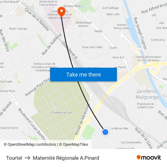 Tourtel to Maternité Régionale A.Pinard map