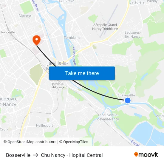 Bosserville to Chu Nancy - Hopital Central map