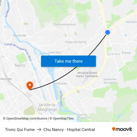Tronc Qui Fume to Chu Nancy - Hopital Central map