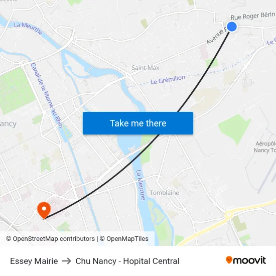 Essey Mairie to Chu Nancy - Hopital Central map