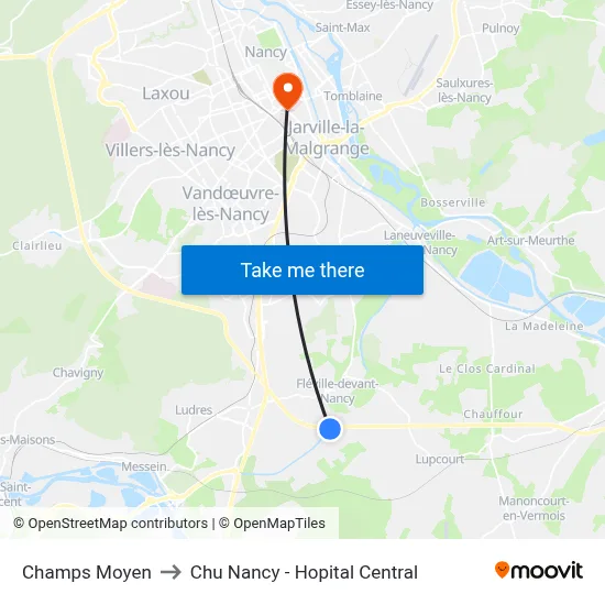 Champs Moyen to Chu Nancy - Hopital Central map