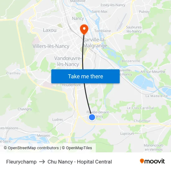Fleurychamp to Chu Nancy - Hopital Central map