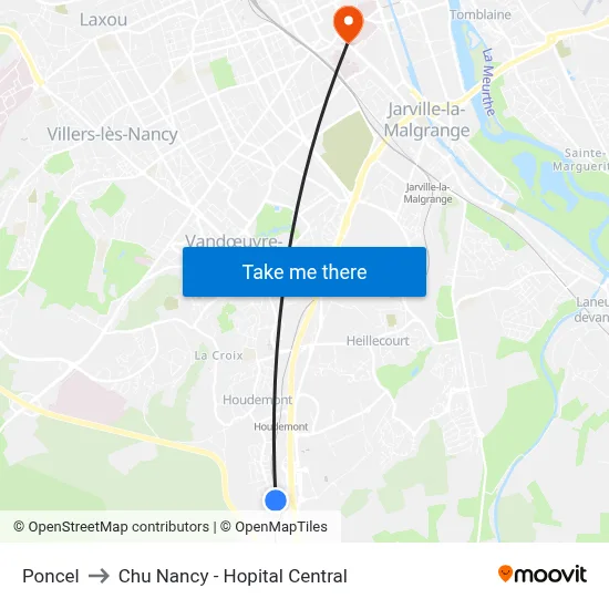 Poncel to Chu Nancy - Hopital Central map