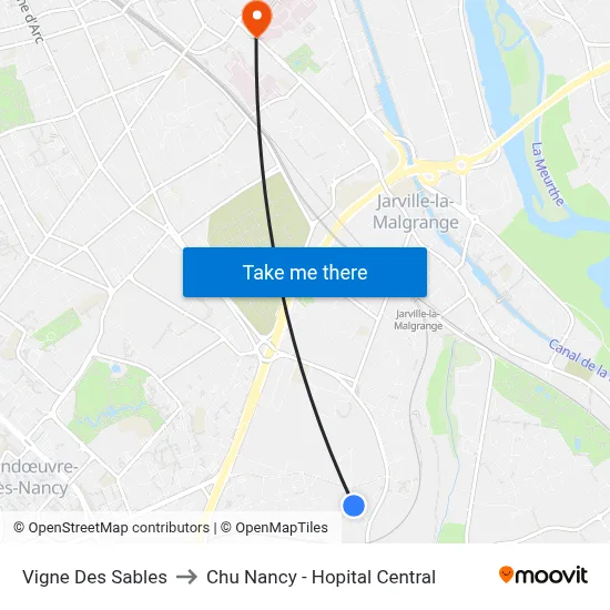 Vigne Des Sables to Chu Nancy - Hopital Central map