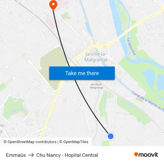 Emmaüs to Chu Nancy - Hopital Central map