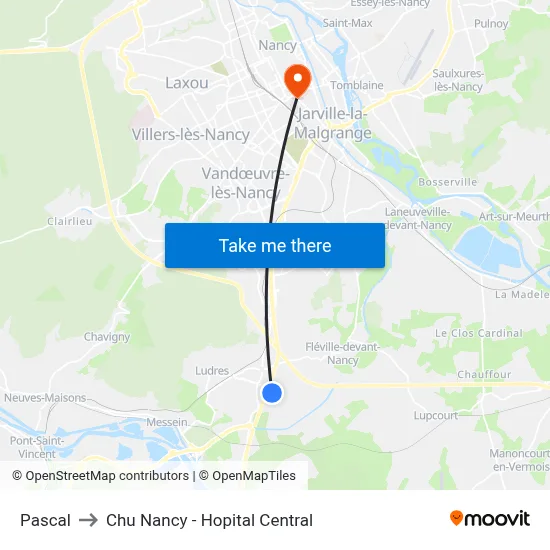 Pascal to Chu Nancy - Hopital Central map