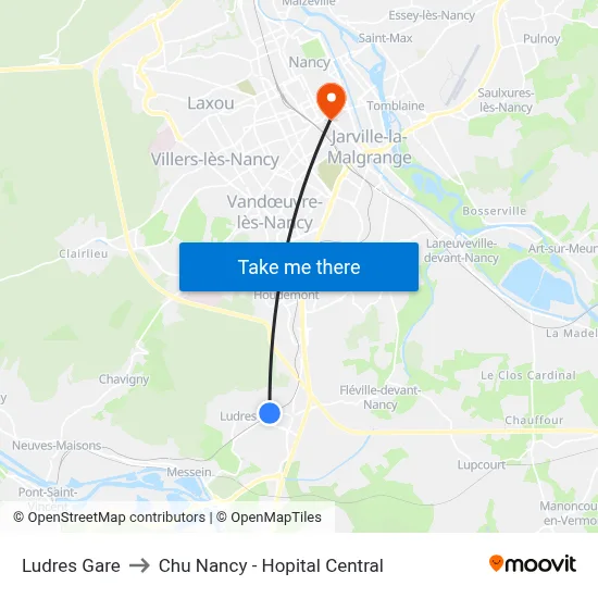 Ludres Gare to Chu Nancy - Hopital Central map