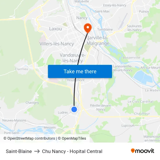 Saint-Blaine to Chu Nancy - Hopital Central map
