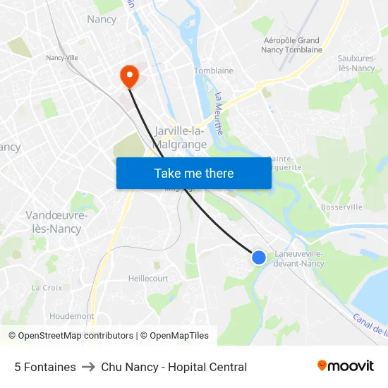 5 Fontaines to Chu Nancy - Hopital Central map