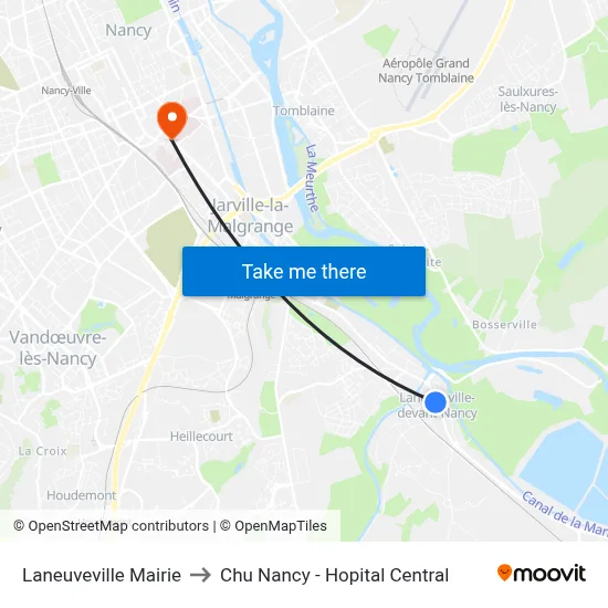 Laneuveville Mairie to Chu Nancy - Hopital Central map