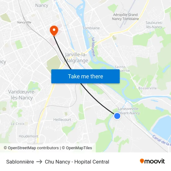 Sablonnière to Chu Nancy - Hopital Central map