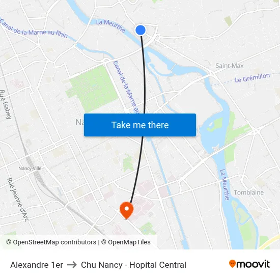 Alexandre 1er to Chu Nancy - Hopital Central map