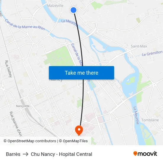 Barrès to Chu Nancy - Hopital Central map