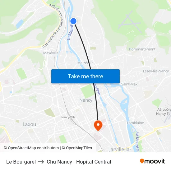 Le Bourgarel to Chu Nancy - Hopital Central map