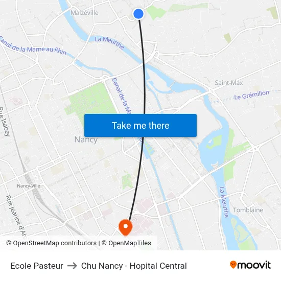 Ecole Pasteur to Chu Nancy - Hopital Central map
