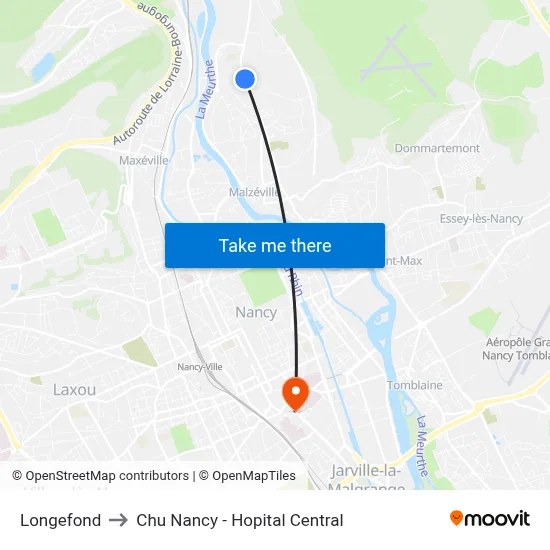 Longefond to Chu Nancy - Hopital Central map