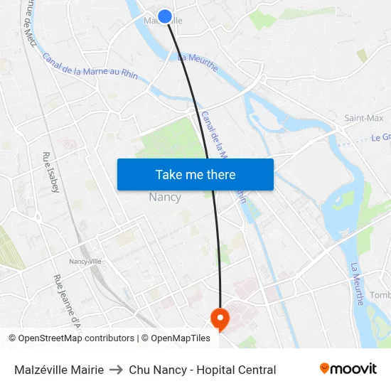 Malzéville Mairie to Chu Nancy - Hopital Central map